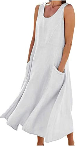 Langes Sommerkleid für Damen, Baumwolle, Leinen, ärmellos, elegant, fließend, Übergröße, locker, bequem, mit Taschen, #05 Weiß, X-Groß