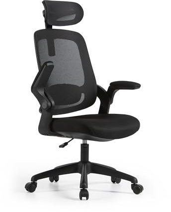 Zivella® Black Office Chair | Fireproof Fabric and High Density Foam | 90° Flip-up Armrests | 360° Rotation | Lumbar Support | Steel Bracket