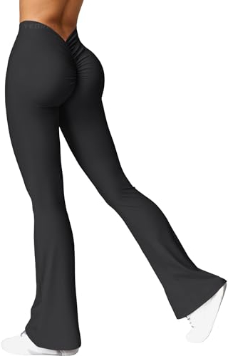 YEOREO Damen Flared Leggings V Back Taille Scrunch Workout Leggings High Waisted Butt Lifting Nahtlose Gym Yoga Schlaghose Leggings Schwarz L