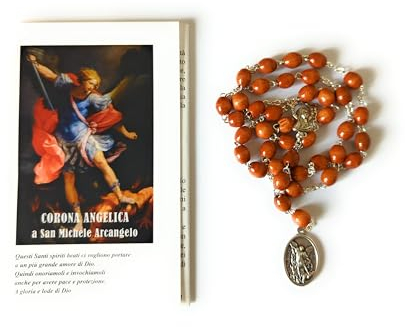 OVUNQUE PROTEGGIMI St. Michael Rosenkranz, Engelskrone des Erzengels Michael in Holz mit ovalen Körnern, mit Schutzengel und St. Michael Medaille, mit Gebet