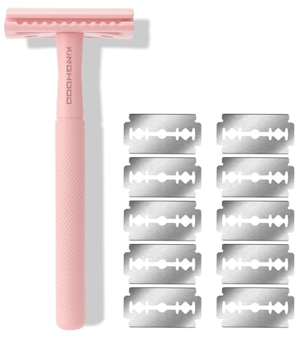 Rasierhobel Herren Damen, Eco Rasierer Metall + 10 Rasierklingen, Sicherheitsrasierer Safety Razor Pink