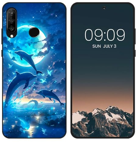WUACYEAMING für Huawei P30 lite Hülle,Mode Schutzhülle Schwarz Handyhülle mit Aesthetic Muster Weich Silikon Dünn TPU Stoßfeste Kratzfest Schutzhülle Cover-Delphin