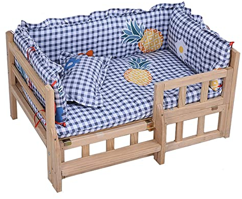Hundebett Erhöhtes Hundebett aus Holz mit Zaun und Treppe. Haustierbett mit Massivholzbrett und waschbarer weicher Mattenhütte für kleine Hunde und Katzen Hundehütte