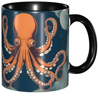 BROLEO Tasses classiques noires en céramique pour cappuccino, latte, céréales, yaourt, lait, boissons chaudes ou froides, four à micro-ondes, image de pieuvre rétro