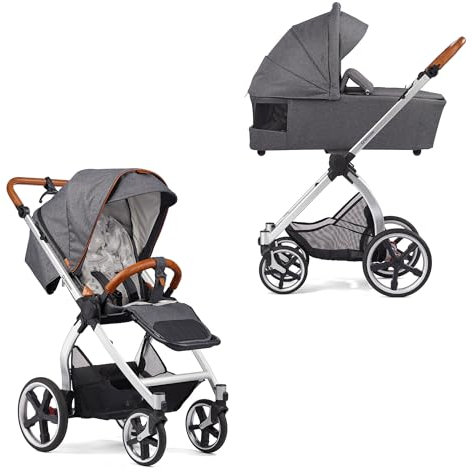 Gesslein Kinderwagen FX4 Swing mit Babywanne Panorama Lyx (Kinderwagen 3 in 1, Liege- & Sitzoption, Sportwagenaufsatz, individuell einstellbar, hoher Komfort, geringes Packmaß, Handbremse), Grau