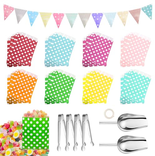FIHODONE 87 Stück Candy Bar Zubehör Wellenpunkt, Enthält 80 Stück Candybar Tüten, 2 Zuckerzange, 2 Eisschaufel und 1 Girlande, Candybar Zubehör Set für Hochzeit Geburtstage Party