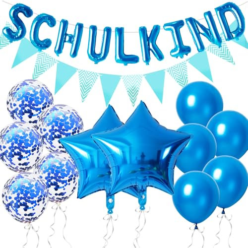 Schulanfang Deko Einschulung Junge Mädchen, 14 Stk Einschulung Deko Set, Schulkind Deko Blau 2025 Schuleinführung, Deko Schulanfang mit Wimpelkette,Stern Einschulung Folienballon,Konfetti Luftballons
