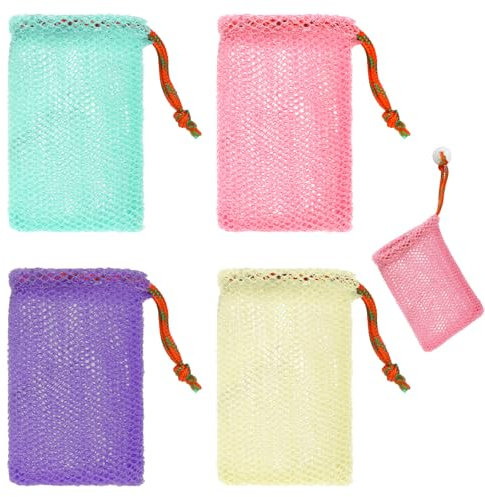 JJUNW Nylon Seifenbeutel, Buntes Seifensäckchen mit Kordelzug, 4 Stück Seifenbeutel für Feste Seife Seifennetz Seifensack zum Duschen Netz Tasche für Aufschäumen und Trocknen von Feste Seife (4Farben)