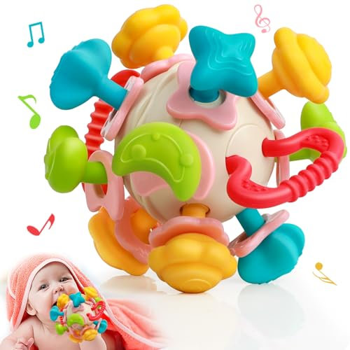 Baby Toys 0-6 Months Sensory Teething Toys, Montessori Newborn Baby Rattles 0 6 Months with Shaker/Grab/Spin, Girls Boys Christmas Gifts for 3 9 12 Month, Teether Chew Ball - Colorful