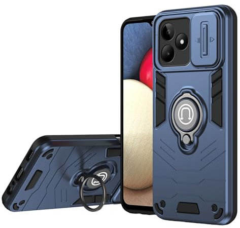 ILING Funda para Realme Note 50 / Realme C53 / Realme C51, Ultradelgado Mate Antigolpes Dura PC Armadura Carcasa, Silicona TPU Bumper Cubierta con Anillo Soporte y Tapa Cámara Deslizante (Azul)