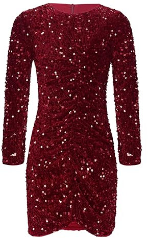 TiaoBug Mädchen Weihnachten Pailletten Kleider Langarm Rundhals T-Shirt Shirtkleider mit Glitzer Bling Bling Partykleider Slim Fit Festkleider Hochzeit Outfits Burgundy 134-140