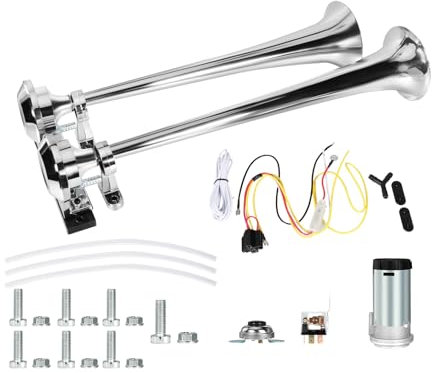 DROMEDARY 12V Super Laut Autohupe mit Kompressor,Autohupe 600DB, Doppelrohr Lufthorn Train Horn,Air Horn Kit 12V, Lufthorn Drucklufthorn,LKW Hupe Luft Horn für alle 12V Auto LKW PKW Boot Vans