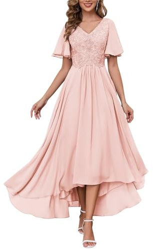 HPPEE Robe de mère de la mariée en mousseline de soie avec col en V et dentelle pour fête de mariage, rose, 56 Grande taille