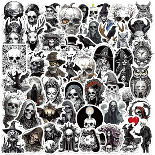 APAREAL Schwarz und Weiß Gotisches Aufkleber 50 Stück, Graffiti Totenkopf Sticker Set für Laptop Fahrrad Motorrad Snowboard Skateboard Koffer, Wasserfeste Vinyl Sticker für Teenager und Erwachsene