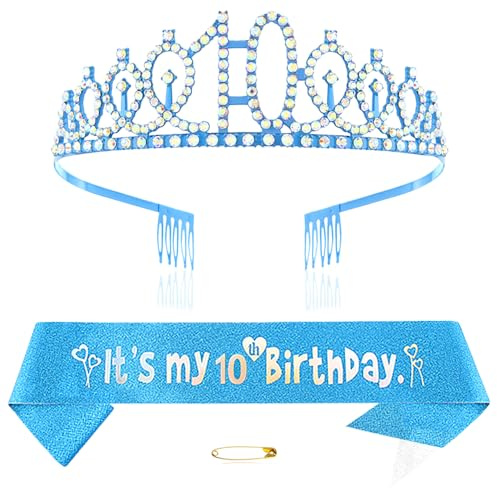 Blau 10th Geburtstags Krone und Schärpe Mädchen 10. Geburtstag Deko Strass Geburtstag Tiara Prinzessin Krone Queen Tiara Geburtstagsschärpe Girls 10 Geburtstag Dekoration Party Kleidung Zubehör