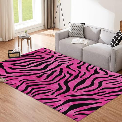 CEDNXOER Große Teppiche für das Wohnzimmer, Schwarz Teppich mit Rosa Zebra-Print, rutschfest, waschbar, Leopard Kurzflor Teppich für Schlafzimmer, Esszimmer 90×150cm