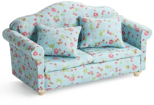 Odoria Puppenhaus Sofa Couch Miniatur: 1/12 Maßstab Liebesbank Sessel für Lesen Büro Wohnzimmer Schlafzimmer Rustikal Landhaus - Mini Vintage Antik Möbel Mit Kissen Blumenmuster Blau