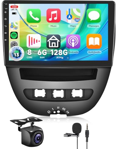 【8 Kern 6+128G】Hodozzy Carplay Autoradio für Toyota Aygo/Peugeot 107/Citroen C1 2005-2014, Android Autoradio mit Navi,10 Zoll Touchscreen mit Android Auto/Mirror Link/WiFi/GPS/RDS/FM/Bluetooth/USB/DSP