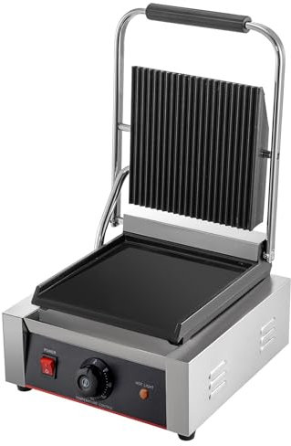 Grill Panini Électrique Professionnel - Plaques Supérieures Rainurées et Inférieures Lisses - Température 0-300°C - 1.8 kW - Bac de Récupération Inclus - Compact et Puissant