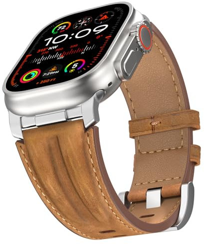 Bouixel Top Grain Genuine Leather Strap Compatible with Apple Watch Ultra Straps 49mm 46mm 45mm 44mm 42mm, Rugged Metal Connector Band for Women Men iWatch Ultra 2/1 Series 10 9 8 7 6 5 4 3 SE