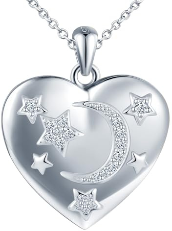 MICSAVI Star Moon Photo Necklace 925 Sterling Silver Picture Locket Personalised Necklace for Women Girls, Heart Pendant with 19.69 Inch Chain Adjustable for Mum Girlfriend Daughter