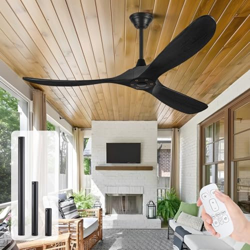 60 Inch Black Ceiling Fan No Light, 3 Blade Wood Outdoor Ceiling Fans for Patios, High CFM Quiet Reversible Dc Motor, 6 Speeds Timer, Modern Industrial Fan for Living Room Porch Kitchen Garage