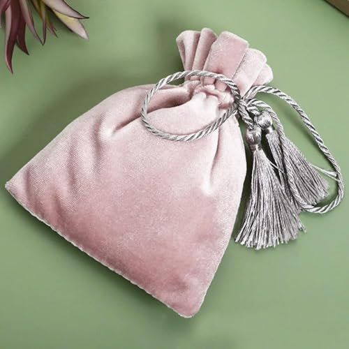LIUXIN Sachets Cadeaux en Velours à Pompons 7 x 9 cm, 9 x 12 cm, 10 x 15 cm, 13 x 17 cm, 15 x 20 cm, Lot de 50, pour fête d'anniversaire, Mariage, Bonbons, Flanelle, avec Cordon de Serrage