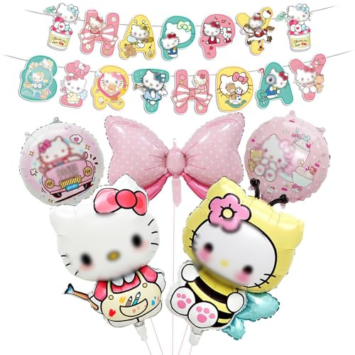 6 Stück Kity Geburtstagsdeko Set, Cartoon Kindergeburtstag Deko, Cute Folienballon Geburtstag Dekoration Set für Kinder Mädchen Katzen Themenpartys Dekorationen