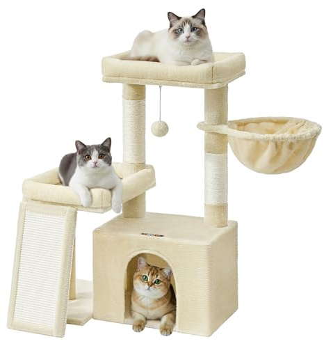 Feandrea Cat Tree Tower Condo with 2 Beds, Scratching Posts and Ramp, for Small and Medium Cats, Summer Sand PCT013LF01
