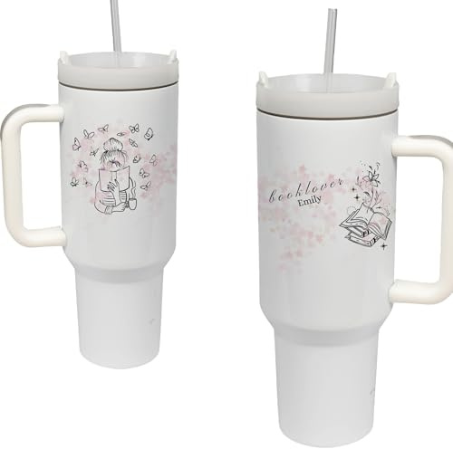 drunkLY Personalisierter Edelstahl Thermobecher 40oz – isolierter Tumbler Cup mit Strohhalm – Für Heiß- & Kaltgetränke – Geschenkidee für Bücherliebhaber & Leseratten (Booklover rosa)