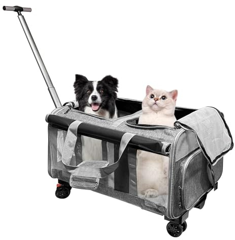 Umelee Transportbox für 2 Katzen/Hunde, mit 2 Fächern + 4 Rädern + Teleskopgriff, Faltbare Große Katzentransportbox bis 20 kg, Ideal für Tierarztbesuche, Autofahrten (Grau)