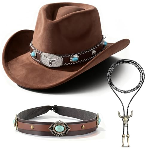 Klassischer Western-Cowboyhut mit Türkis- und Stierkopf-Details, inklusive Lederkrawatte und Hutband, ideal für Fasching, Karneval, Halloween und Western-Themenpartys, stilvolles Geschenk