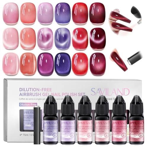 SAVILAND Cat Eye Airbrush Gel Nail Polish Dilution Free: Vintage Rose Velvet Collection 6 Colors Hema ＆ Acetone Free Magnetic Gel with Magnet Fine Mist Spray for Ombre & French Nail Art