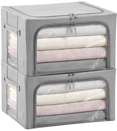 Periea Beau 2 Pack Storage Boxes 33L (40x33x25cm) – Collapsible Stackable Fabric Organisers Storage Bags with Steel Frame, Front Window & Top/Front Zip Access – (Grey)