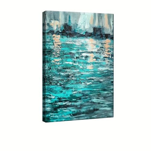 IXEHOH Abstrakte Leinwand Wandbild Türkis Wasser, Moderne Ozean Reflexion Gemälde für Wohnzimmer, Kupfer Akzente Vertikale Wandkunst, Ästhetische Deko für Schlafzimmer 30x40