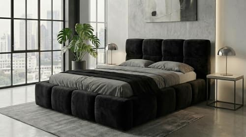 A&J MöbelLand Polsterbett VELUNO mit Matratze H4 160x200 mit Bettkasten und Lattenrost – Schwarz