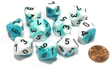 Chessex Dice Sets: Gemini Teal & White with Black - Ten Sided Die d10 Set (10)