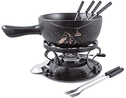 Swissmar F66901 Gruyère Fondue Set 9-teiliges, Keramik/Edelstahl, 2.65L, Fondue-Set für Fleisch, Käse und Schokolade, für 4 Personen, Geschenkset