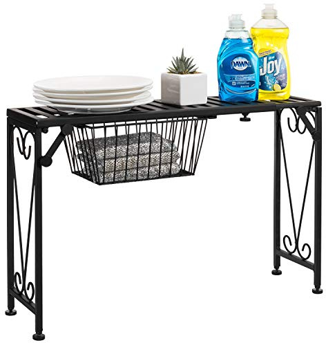 MyGift Over Sink Shelf with Pull Out Drawer, Expandable Black Metal Kitchen Over The Sink Shelf Rack, Bathroom Storage Shelf Riser with Scrollwork Design