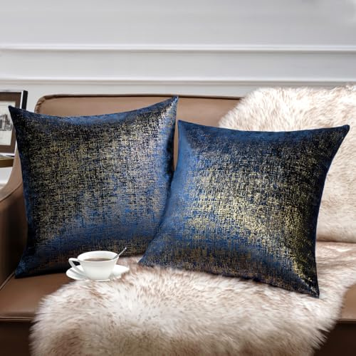 Phantoscope Paquete de 2 Fundas de Almohada Decorativas de Terciopelo Brillante con patrón geométrico, Fundas de cojín cuadradas con Purpurina Dorada Suave para sofá, Cama y Silla, Color Azul Marino,