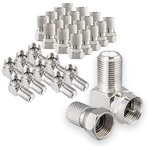 HB-DIGITAL Winkel-Adapter Set für SAT Anlagen: 20x F-Stecker (Vernickelet) + 10X F-Winkel-Adapter [F-Stecker (SAT, männlich) auf F-Buchse (SAT, weiblich)] rechtwinklig Ecke Steckverbinder 90° Grad