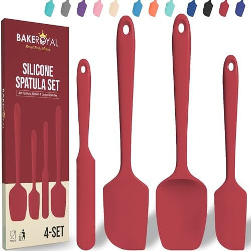 BakeRoyal Silicone Spatula Set - 4-Piece Rubber Spatulas Silicone Heat Resistant 600°F for Everyday Task - Seamless Design Kitchen Spatulas for Nonstick Cookware - Red