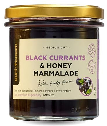 Earthbreath Marmellata - Miele e Ribes Nero - 380 g - Senza zucchero, Naturale, Puro - Bacche - Gelling Agente Vegano - Taglio Medio - Senza Gelatina, Conservanti o Qualsiasi Additivo Artificiale