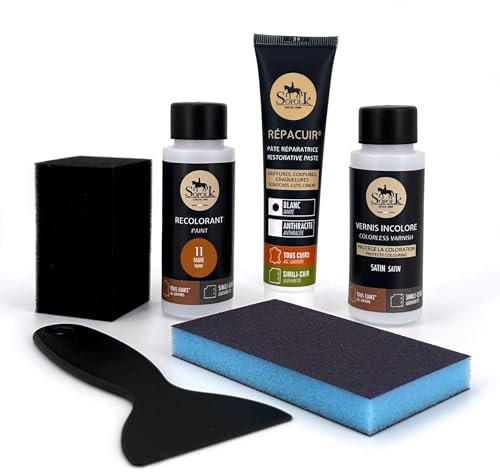 SOFOLK DEPUIS 1989 Kit Rénovation Cuir 21 Couleurs : Réparation + Peinture Cuir + Vernis pour Volant ou retouche de siège Auto, Chaise, sellerie, Blouson, Veste, Chaussure, etc (11-Fauve)