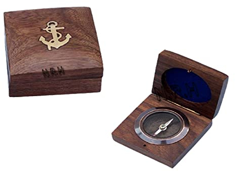 Kompass aus Messing, maritimer Stil, in Holzbox, Schwarz