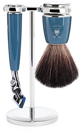 MÜHLE Rytmo Rasierset - Rasierer kompatibel mit Gillette-Klingen und Rasurpinsel Black Fibre, Halterung, Edelharz Griff petrol