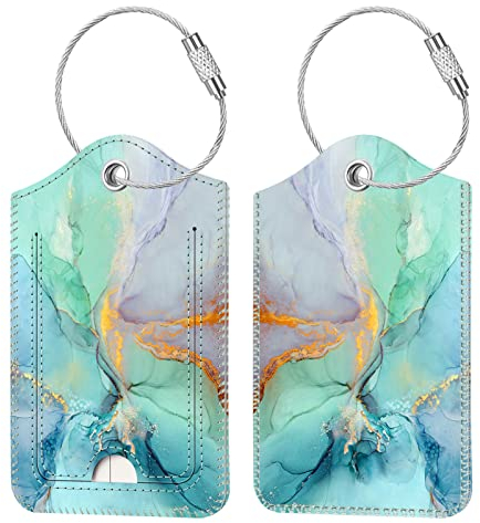 Fintie Gepäckanhänger, Sichtschutz, Ausweisetikett mit Edelstahlschlaufe und Adresskarte für Reisetasche Koffer, Smaragd Marmor (2 Stück)