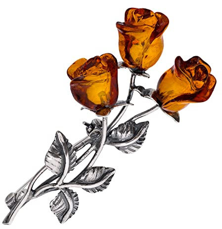 AMBEDORA Broche pour femme en argent 925 oxydé, roses d'ambre baltique sculptées à la main, broche avec trois roses d'ambre, fermoir de sécurité, coffret cadeau