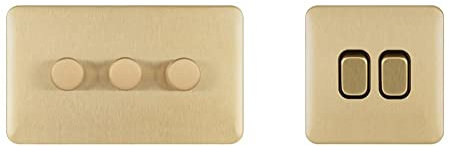 Schneider Electric Lisse Screwless Deco - 3 Gang Universal 2 Way Dimmer Light Switch, 250W/VA, GGBL6032CSBS, Satin Brass & Lisse Screwless Deco - Double 2 Way Light Switch, 10AX, GGBL1022BSB