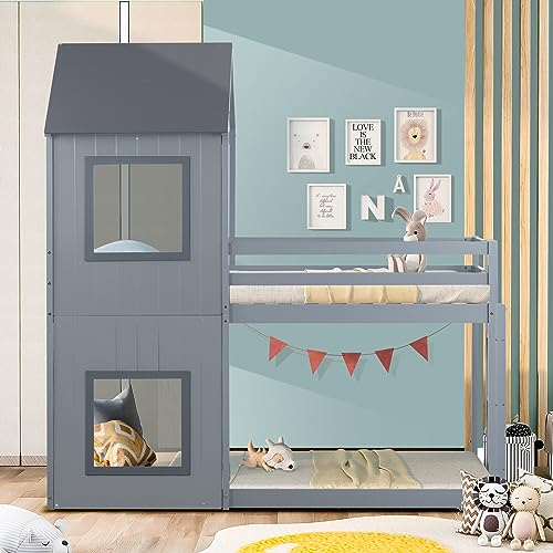 KecDuey Hausbett, 90 x 200cm Kinderbett Etagenbett, bodentief, mit Leiter und Baldachin (Grau)